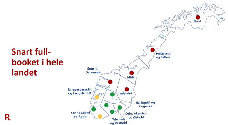 Kartet viser hvor i Norge strømnettet er fullt, eller i ferd med å bli det. <i>Illustrasjon:  Riksrevisjonen</i>