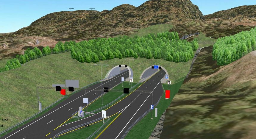 Modell av de nye tunnelportalene ved Verpen på vestsiden av Oslofjorden. Illustrasjon:  Statens vegvesen