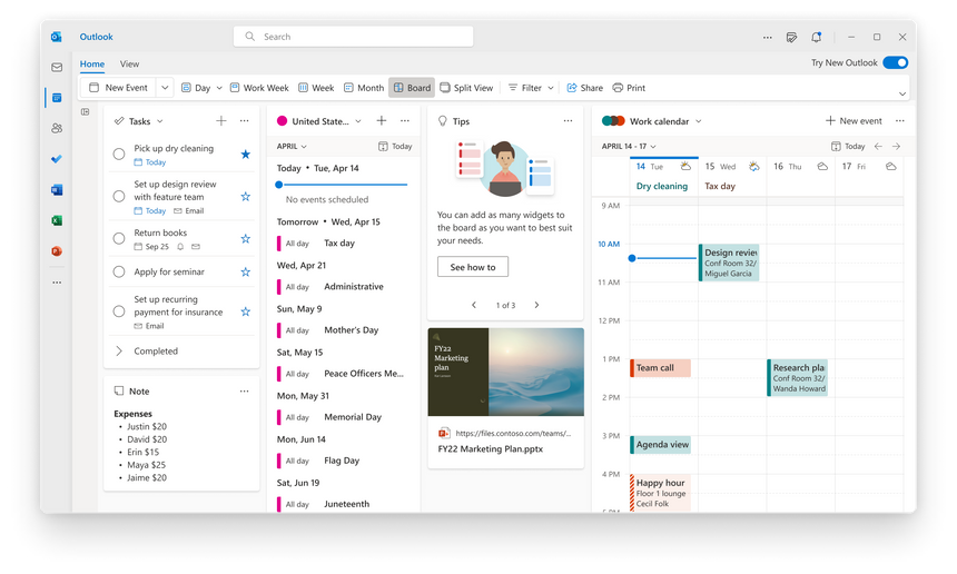Outlooks nye kalendervisning «Board-view» viser brett med ulik informasjon. Skjermbilde: Microsoft