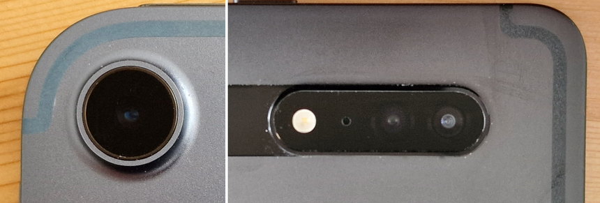Ipad Air (t.v.) har bare ett kamera bak. Galaxy s8 Ultra har to. Det er jo fint, men et så svært nettbrett blir neppe brukt mye til fotografering. Foto: Odd Richard Valmot