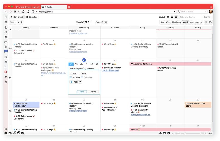 «Inline»-redigering av kalenderoppføringer i Vivaldi. Skjermbilde: Vivaldi Technologies