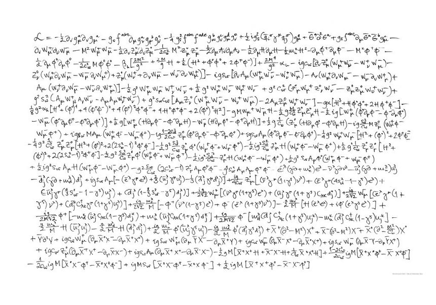 Elementærpartiklene og kreftene som virker mellom dem. Standardmodellen håndskrevet av Maria V. Bøe.