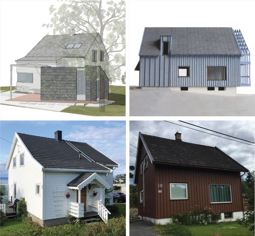 Underlaget for studien er klimagassregnskap for seks boliger fra en arkitektkonkurranse som ble arrangert i regi av forskningsprosjektet Opptre. Illustrasjon: Sintef