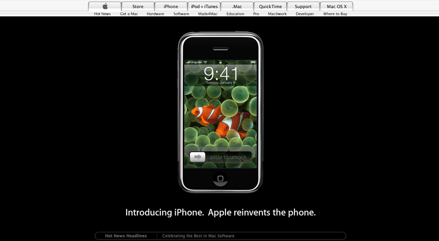 Klovnefiskbildet ble brukt i promotering av telefonen etter lanseringen i januar 2007. Skjermbilde: Apple.com via WayBackMachine