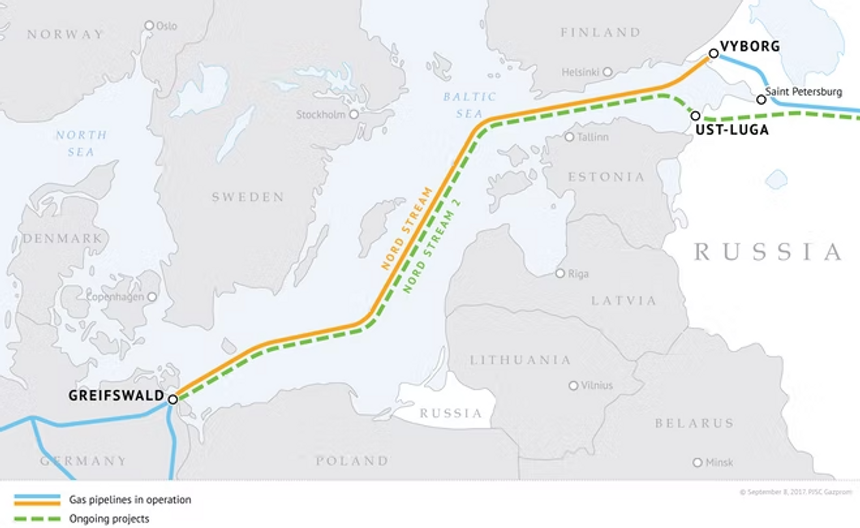Dette er trassen for Nord Stream 1 og 2. Nord Stream 2 kom ikke i drift pga. krigen i Ukraina. Illustrasjon:  Gazprom