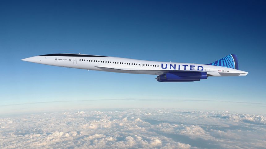 Flyselskapet United Airlines har inngått avtale om å kjøpe 15 eksemplarer av overlydsflyet Overture når det er klart. Illustrasjon: Boom Supersonic