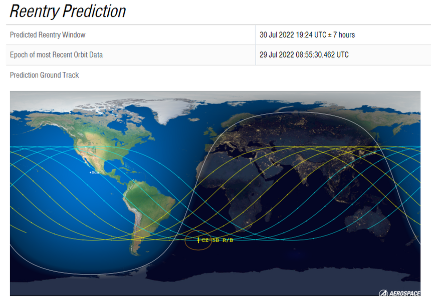Rakettdelens anslåtte nedslagsfelt. Det er ventet at raketten faller ned langs én av de markerte banene. Skjermbilde:  Aerospace Corporation