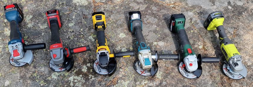 Dette er modellene vi har testet: Bosch GWS 12V-76 (t.v.), Milwaukee M18 FSAGF125XPDB, DeWalt DCG405 NT, Makita DGA521, Bosch Advanced Grind 18 og Ryobi RAG18125. Samt testvinneren på bildet under. Foto: Odd Richard Valmot