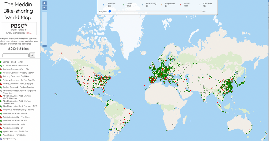 Meddin Bike-sharing World Map er et søkbart kart over sykkeldelingstjenester i verden. Databasen inneholder mer enn 3000 ulike tjenester med nesten 9 millioner sykler, flesteparten i Europa, Asia og USA. Skjermbilde:  PBSC