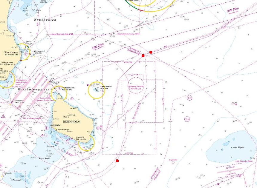 De tre røde punktene viser hvor det er lekkasjer på rørledningene Nord Stream 1 og 2. Illustrasjon:  Sjöfartsverket
