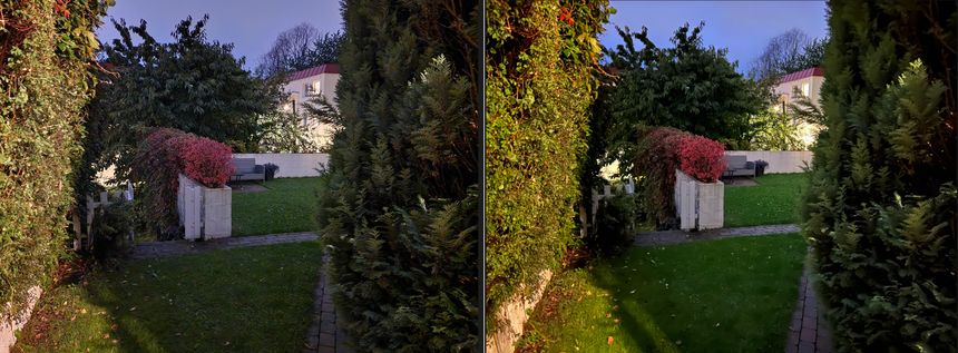 Svarte Natta: Det er nesten magisk at telefonene klarer å ta bilder i noe som i virkeligheten er så mørkt som dette. Plenen ser i virkelighet helt svart ut. Samsungs S22 Ultra til venstre har litt mer oppløsning enn Iphone 14 Pro Max, som til gjengjeld har mer metning i fargene. Farger øyet ikke ser annet enn der gatelyset i bakgrunnen lyser opp. Foto: Odd Richard Valmot