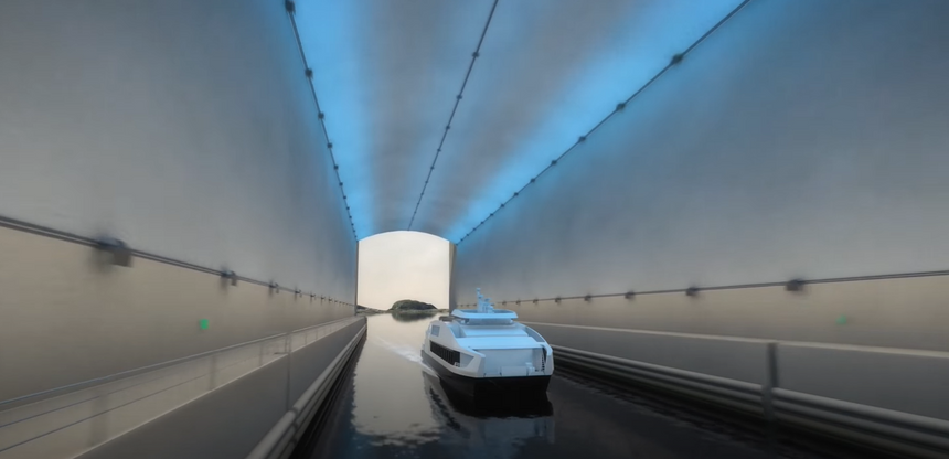 Det kreves ikke store naturinngrep, slik en må ha for å bygge vei eller jernbanetraseer – kun et 1700 meter langt hull gjennom fjellet, skriver Ottar Aare og Bjarne Rygg. Illustrasjon:  Kystverket