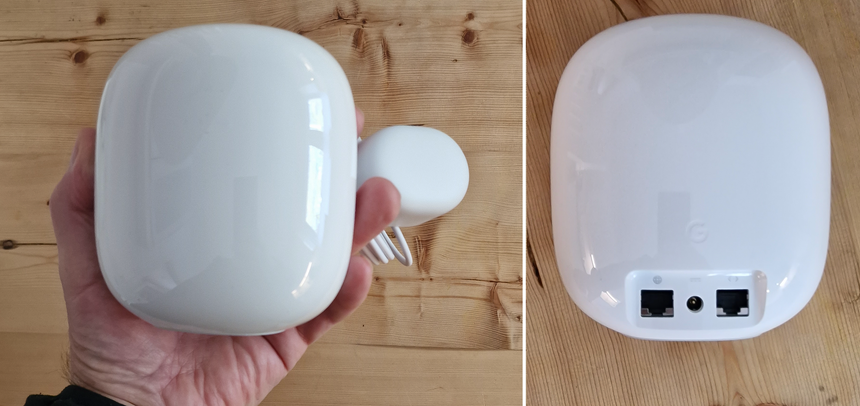 For- og baksiden. Alle ruterne har en ledning til strømforsyningen og to RJ45-kontakter til ethernet-tilkoblinger. Foto:  Odd Richard Valmot