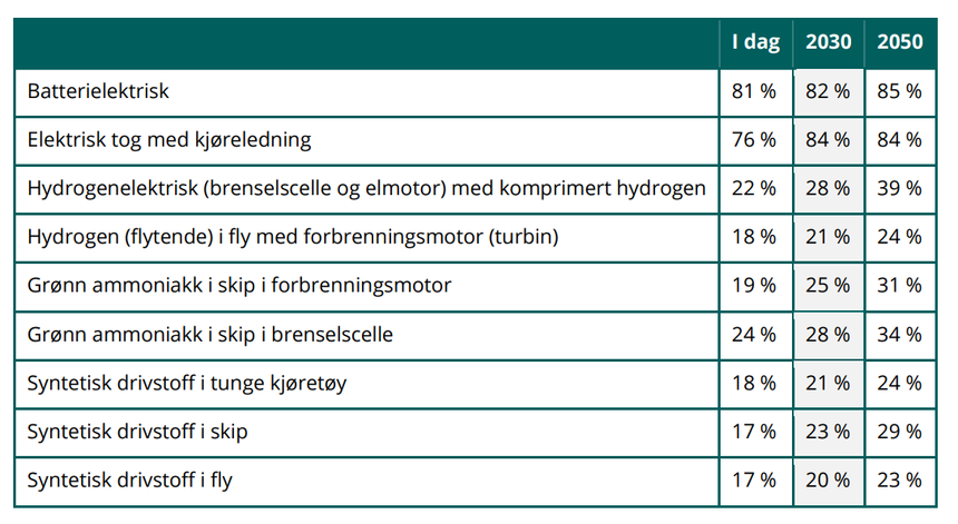 Rapporten går grundig gjennom virkningsgraden for de forskjellige energibærerne. Denne tabellen gir noen eksempler. Skjermbilde: Miljødirektoratet
