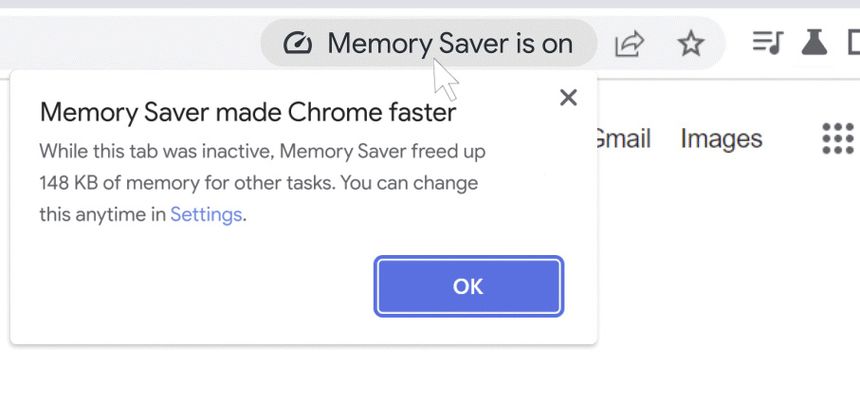 Memory Saver kan fortelle brukeren hvor mye minne den hadde frigjort mens den aktive fanen var inaktiv. Illustrasjon: Google