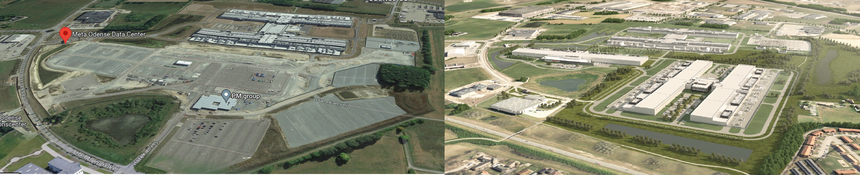 Satellittbilde av campus ved Odense til venstre, sammenlignet med Metas skisse med utbyggingsplaner som nå ikke blir noe av. Via Datacenter Dynamics. Foto: Meta/Google Maps