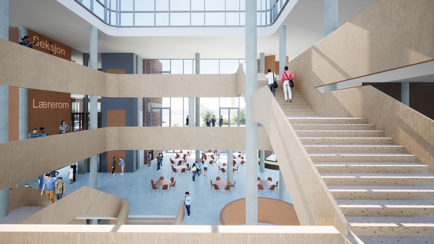 Innvendig har arkitektene valgt å bruke mye tre i den nye skolen, som skal huse 700 elever. Illustrasjon: HUS arkitekter