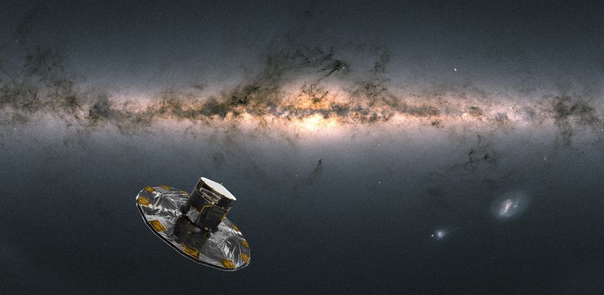 Illustrasjon av romteleskopet Gaia i verdensrommet. Illustrasjon:  ESA/ATG Medialab, ESA/Gaia/DPAC– CC BY-SA 3.0, A. Moitinho