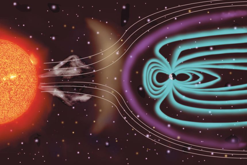 En kraftig solstorm på jorda kan ødelegge satellitter og skape en rekke problemer for oss jordboere. Fordelen for oss er at jorda gudskjelov har et magnetfelt som tar unna mesteparten av bombarderingen. Illustrasjon:  Nasa