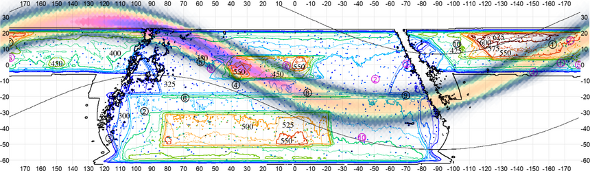 Den fargede bølgen viser hvor teoretikerne mener at det er mest sannsynlig å finne planeten: Den dypeste lillafargen har høyest sannsynlighet. Konturene i bakgrunnen viser hvor Næss og andre forskere har sett med ACT. Illustrasjon: Naess m.fl. 2021