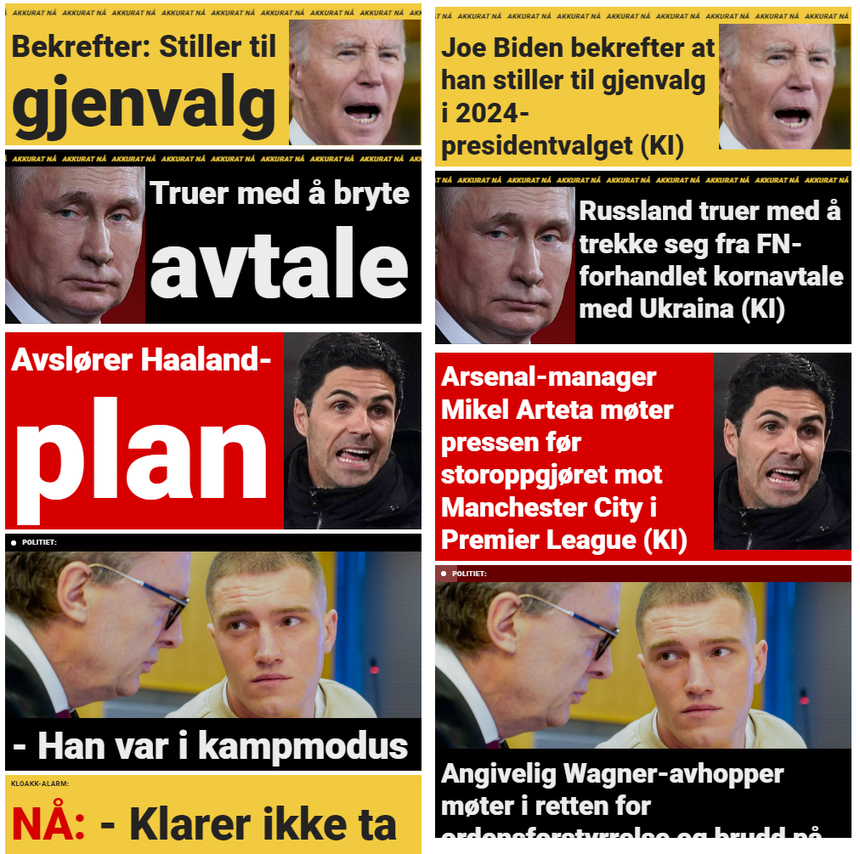Skjermbilder av Dagbladets forside tirsdag ettermiddag til venstre, nettlesertilleggets versjon til høyre. Foto: Marius Valle/Teknisk Ukeblad