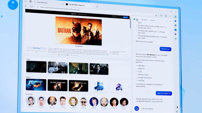 Microsoft jobber med flere nye AI-funksjoner til Bing og Edge som skal utføre oppgaver mer effektivt, som for eksempel å finne filmen du vil se. Foto: Microsoft