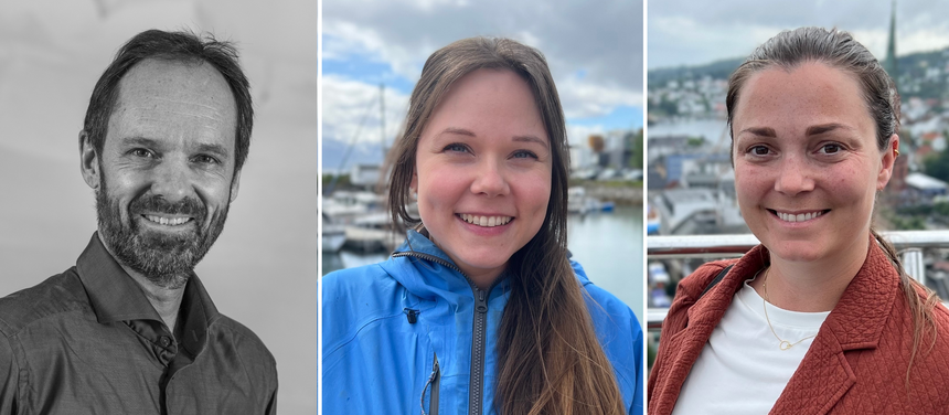 – Det er viktig å få økt kunnskapen om hvordan best skape positive synergier i en marin næringspark, for eksempel gjennom et fysisk case, påpeker Jan-Gunnar Winther, Silje Elde og Sigri Stokke Nilsen (t.h.) Foto: Privat