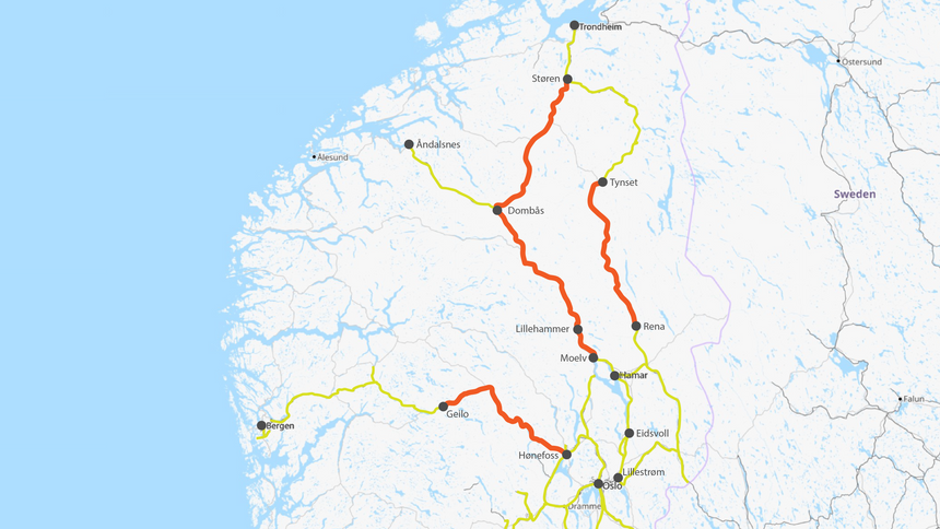 Kartet viser de stengte togstrekningene i Sør-Norge fredag ettermiddag. Bilde: Kjersti Magnusson