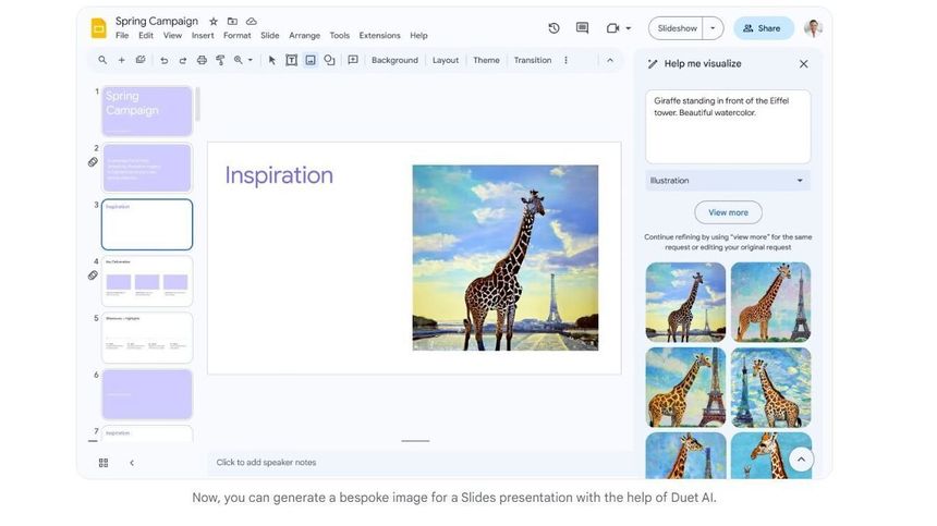 Duet AI kan blant annet lage bilder for deg i Google Presentasjoner-appen. Foto: Google