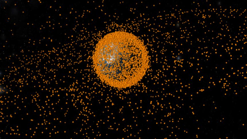 Illustrasjonsbilde av romskrot i bane rundt jorden. (Romskrotet er ikke skalert i forhold til jorden). Bilde: European Space Agency