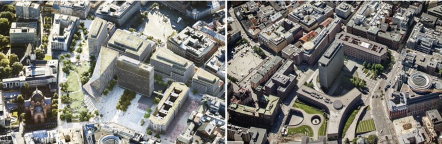 På tegningen til venstre er C-blokka bygg nummer tre fra venstre bak høyblokka. Bildet til høyre viser hvordan det så ut før (fra en litt annen vinkel). Y-blokka i forgrunnen er revet. Høyblokka fra 1959 og det første regjeringsbygget fra 1906 blir bevart. Bildet er tatt i juni 2011, få uker før bombeangrepet. Illustrasjon: Statsbygg/Team Urbis og Thomas Bjørnflaten (foto)