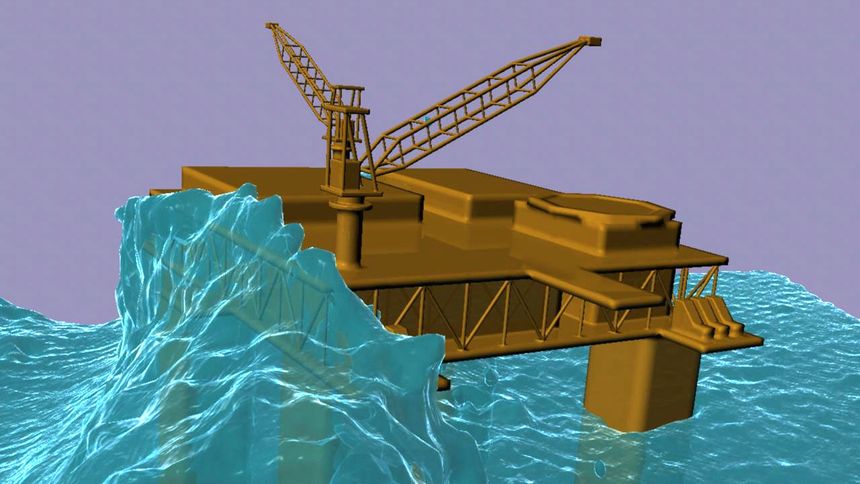 Forskere fra det australske byrået Csiro har simulert monsterbølger som er mer enn 20 meter høye og smadret dem mot virtuelle olje- og gassproduksjonsplattformer for å sammenligne ulike fortøyningsdesign. Foto: Csiro/Wikimedia Commons CC BY-SA 3.0