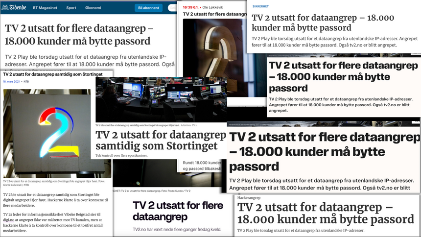 Dataangrepet på TV 2 i 2023 fikk mye oppmerksomhet i pressen. Montasje: TV 2
