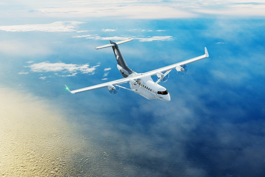 Heart Aerospace i Göteborg utvikler for tida et fly som skal gå på batterier, kombinert med diesel i en reservetank. I fremtiden kan batteri kombineres med hydrogen. Illustrasjon: Heart Aerospace