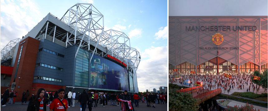 Old Trafford i gammel og mulig ny utgave. Foto:  Molly Darlington/Reuters/NTB (t.v.) og Vill Arkitektur (illustrasjon t.h.)