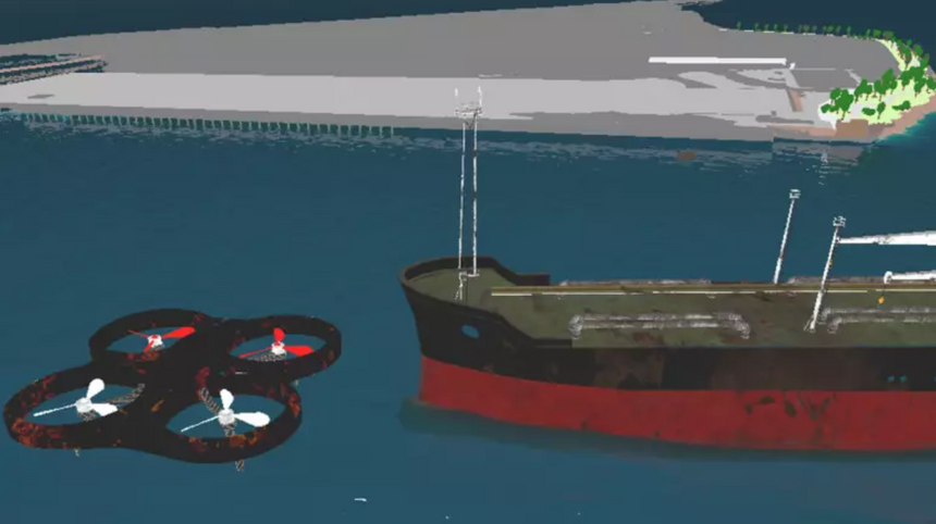 Illustrasjon av hvordan en drone blir sendt ut for å inspisere et mistenkelig skip på vei inn Drammensfjorden. Illustrasjon: Smaug