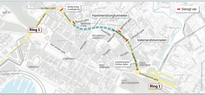 Kart over det som blir anleggsområdet. De røde linjene viser stengt vei. Illustrasjon: Statens vegvesen