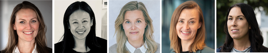For mange er KI og bærekraft noe som kommer i tillegg til andre driftsoppgaver. Resultatet er at det da fort blir nedprioritert, mener Kristina Kollerud Austrheim (t.v.) , Monica Gundersen, Tonje Bjørkvik Lindbäck, Ingibjörg Meyer-Myklestad og Hanne Auganes. Foto:  Privat