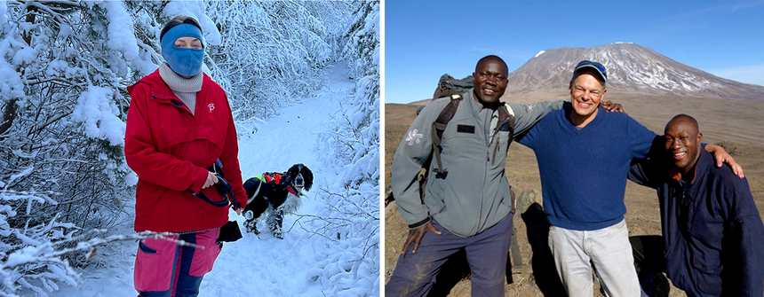 Også nobelprisvinnere har behov for å gjøre noe annet enn å forske. May-Britt bruker mye tid i naturen med sin livlige springer spaniel Fado. Edvard fasinert av vulkaner og vil helst stå på kanten og kikke ned i den rødglødende lavaen. Foto: Privat