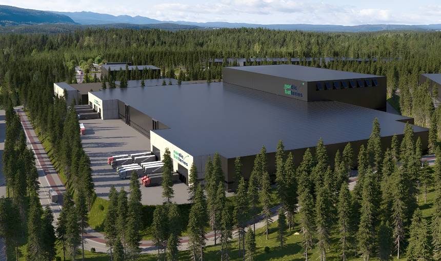 Slik kan fabrikken til Nordic Batteries se ut. Her som mulighetsstudie lagt til Fiskumparken, nær Kongsberg. Illustrasjon: FIskumparken
