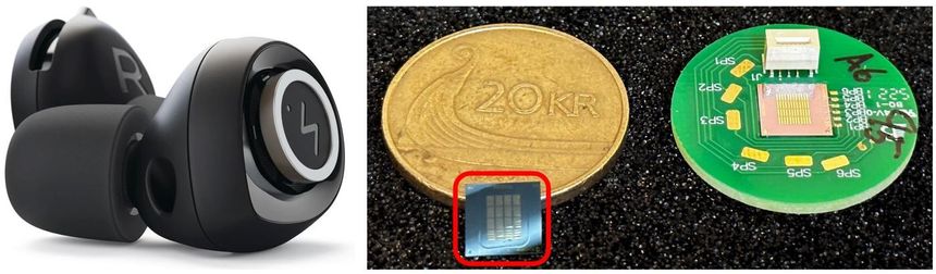 Den justerbare øreproppen du allerede kan kjøpe, kan passivt dempe 9-25dB. Den nye brikken for neste generasjon hybride ørepropper er sammenlignet med en 20-kroning. Foto:  Sintef