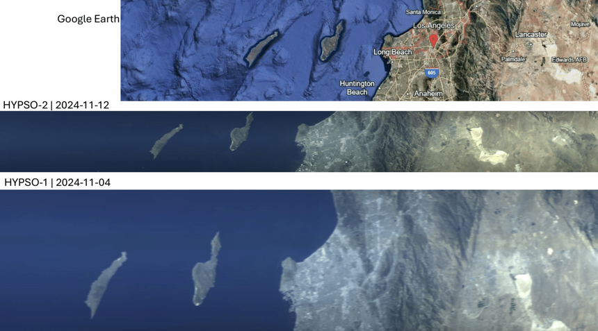 Englenes by sett fra himmelen. Øverst: Los Angeles på Google Maps. I midten er bilder tatt med HYPSO-2 og HYPSO-1 (nederst) sine hyperspektrale kamera med få dagers mellomrom. HYPSO-1 pekte noe mer til siden da bildet ble tatt. Derfor har bildet større utstrekning. Foto: HYPSO-1