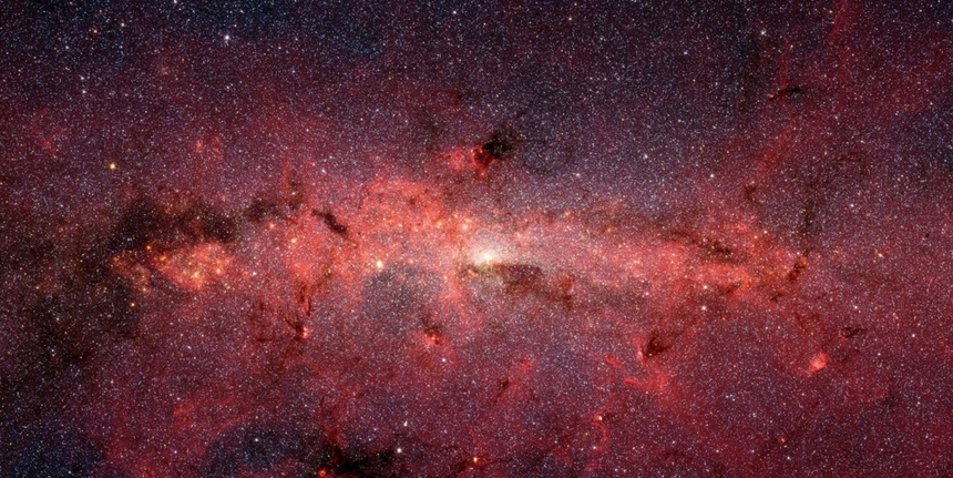 I midten av Melkeveien finner vi et sort hull, selv om vi ikke kan observere det direkte i optiske teleskoper. Sorte hull kan stå bak et av de store mysteriene innenfor fysikken. Illustrasjon: Susan Stolovy/Nasa/JPL-Caltech