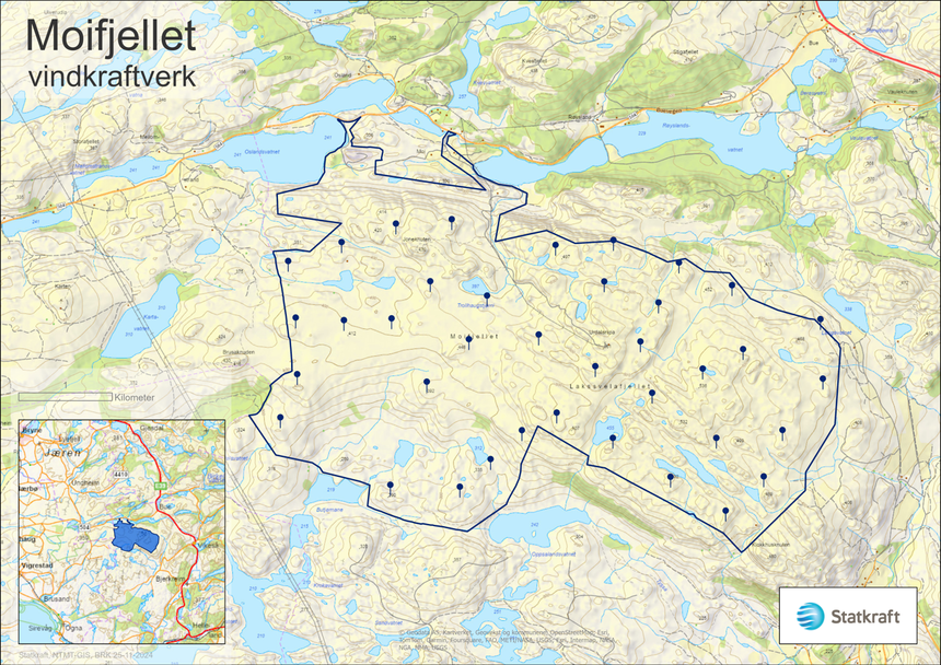 Det planlagte anlegge vil legge beslag på 15 kvadratkilometer areal og vil romme inntil 38 turbiner på 6-7 megawatt. Total effekt vil være 260 megawatt. Statkraft har avtaler med alle grunneiere i området. <span>Foto: Statkraft</span>