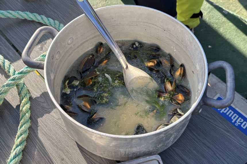 Muligens verdens første blåskjellsuppe tilberedt av blåskjell plukket på Svalbard. Foto: Jørgen Berge/UiT