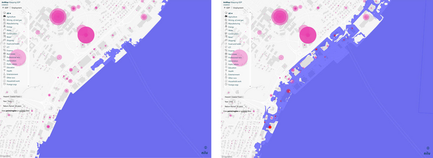 Med de digitale kartene kan man zoome inn på områder langs kysten og se hvor bedrifter og virksomheter befinner seg, hvor stor verdi og hvor mange ansatte de har. Her ser vi et utsnitt av Tromsø havn, i dag og i et 2100 der overflatetemperaturen har steget med 3 til 5 grader. Rosa punkter er virksomheter. De røde er virksomheter som er eksponert for 20-årsflom, en relativt vanlig hendelse. Illustrasjon: Skjermdump