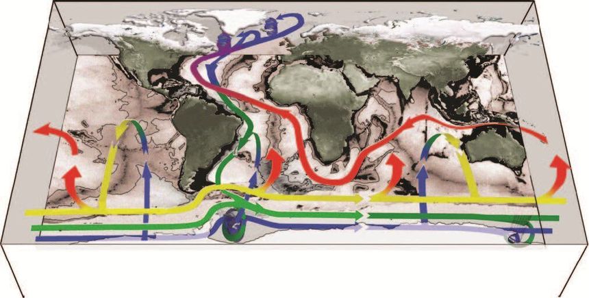 AMOC kalles ofte «det store havtransportbåndet». Kaldt og tungt vann synker ned i nord, mens varmt overflatevann trekkes fra tropene nordover langs transportbåndets øvre del. Havet avgir varme til atmosfæren og gjør vintrene i nord mildere enn de ellers ville vært. Illustrasjonen er hentet fra artikkelen <a href="https://www.whoi.edu/cms/files/marshall_speer_natgeo2012_270284.pdf?utm_source=chatgpt.com">Closure of the meridional overturning circulationthrough Southern Ocean upwelling</a> med tillatelse.