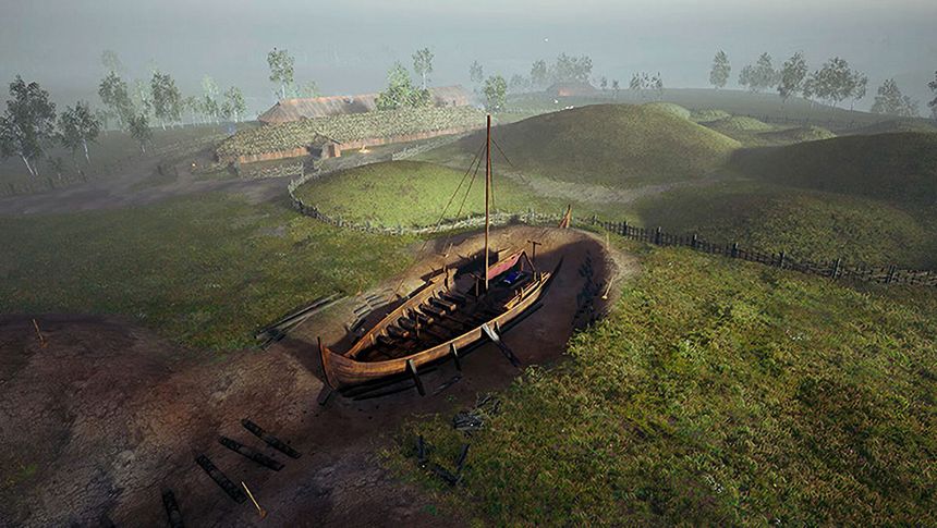 Slik ser forskerne for seg at Gjellestadskipet kan ha sett ut. Illustrasjon:  Gjellestadstory.no – Høgskolen i Østfold, Østfold fylkeskommune, Institutt for energiteknikk og Nordic Media Lab