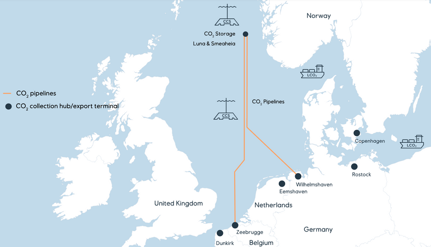 Slik skal EU2NSEA-prosjektet se ut, ifølge en skisse fra Equinor. Rørledningen fra Tyskland til lagringsstedene Luna og Smeaheia er på omtrent 900 kilometer. Illustrasjon:  Equinor