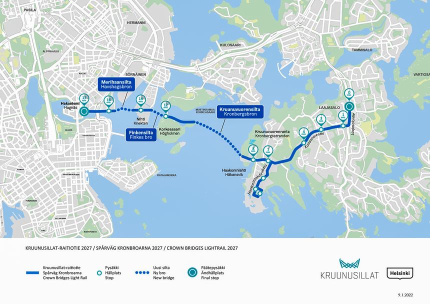 Kart over trikkebruene som er under bygging ved Helsingfors. Halvøya med byens sentrum til venstre. Foto:  Kruunusillat-raitiotie